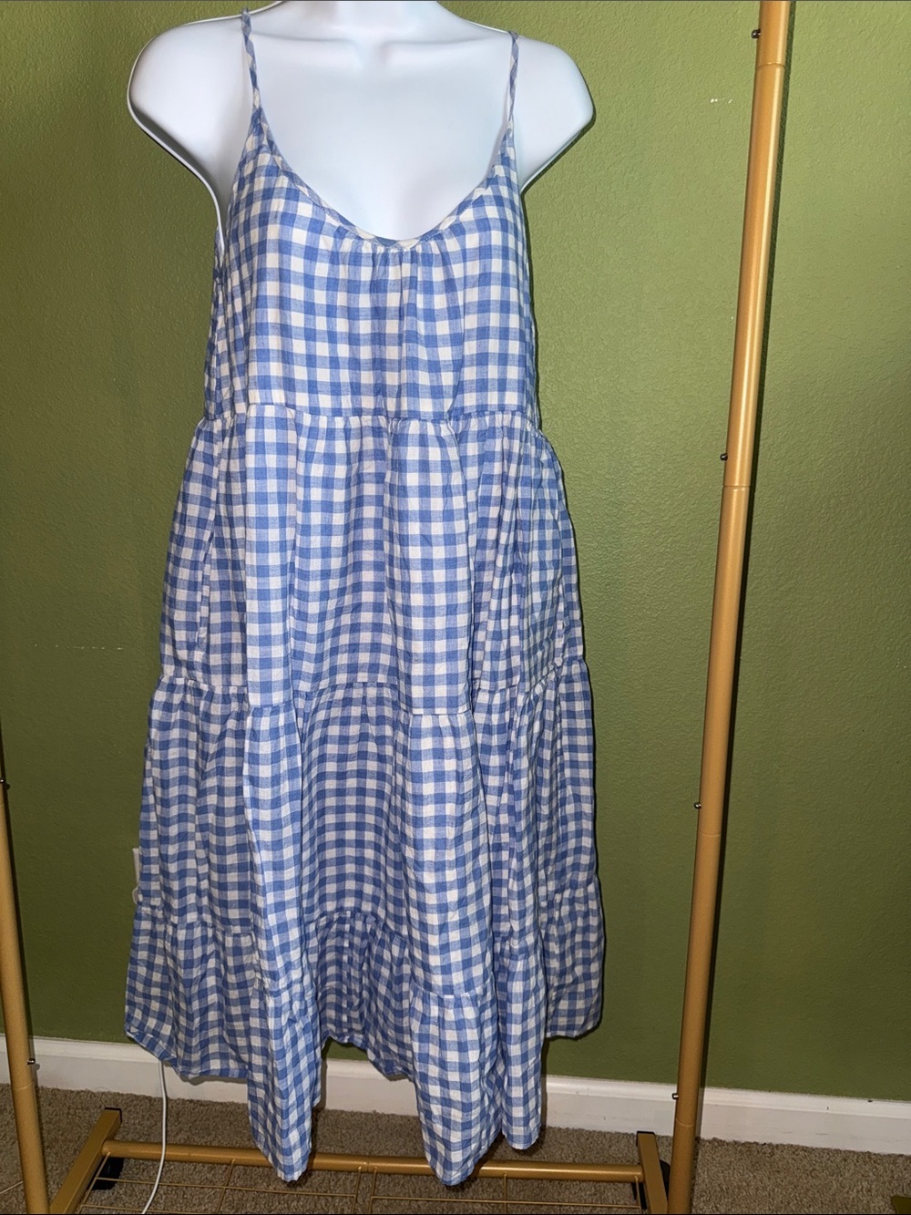 Blue Gingham Tiered Midi Dress with Spaghetti Straps and pockets